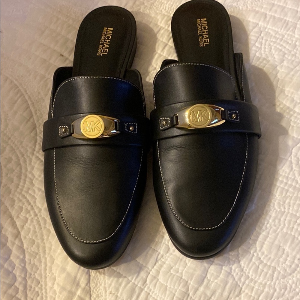 Michael Kors Black Leather Slip-On Loafers with Gold Accent